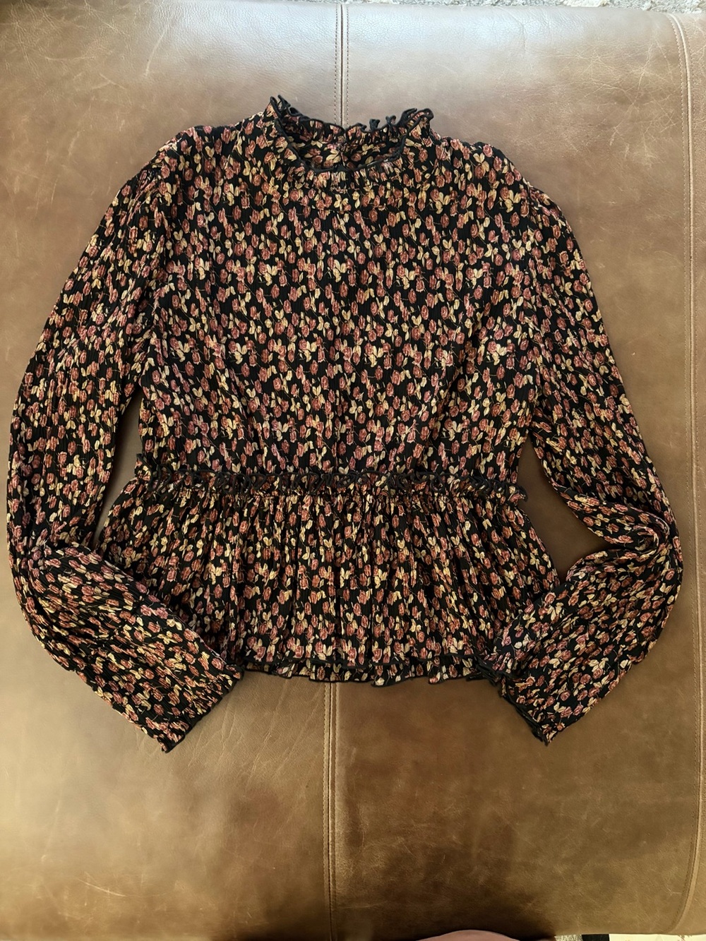 Cistar New York Floral Peplum Blouse Size M Black Pink Long Sleeve Ruffle Neck